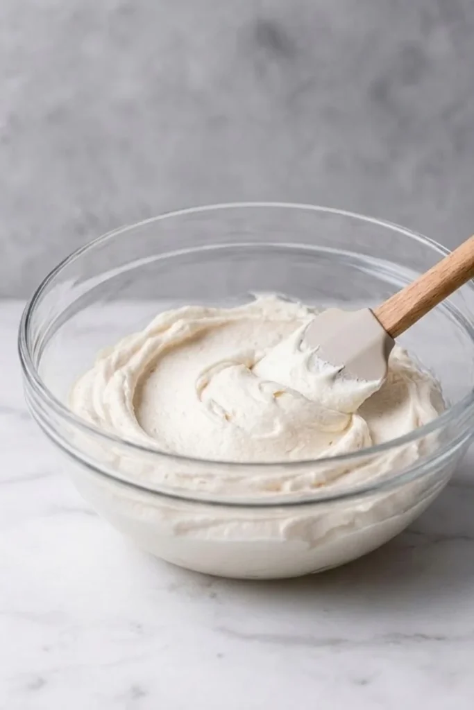 A glass mixing bowl filled with smooth, fluffy Swiss Meringue Buttercream being swirled with a spatula.