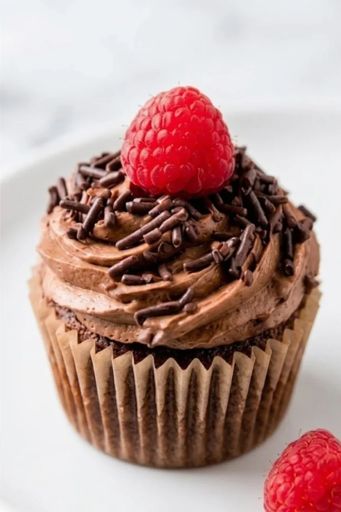 A close-up of a chocolate cupcake topped with a swirl of creamy Nutella frosting, chocolate sprinkles, and a fresh red raspberry.