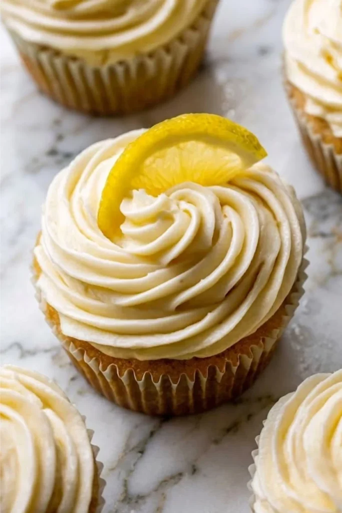 Top-down view of a bakery-style frosting swirl using Lemon Buttercream Frosting on a cupcake.