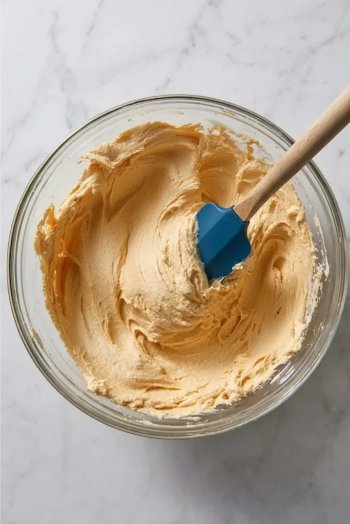 A clear glass mixing bowl filled with creamy, beige peanut butter frosting. A blue spatula with a wooden handle is pressing into the center, leaving a smooth swirl pattern. The bowl is on a light grey marble countertop.
