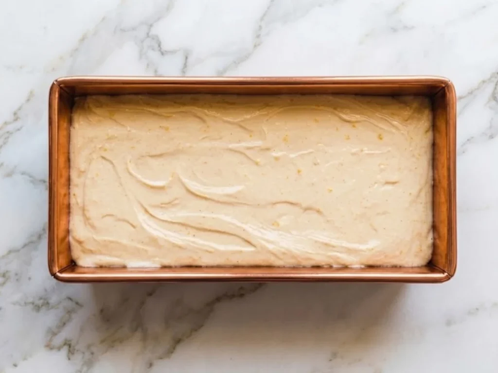 Homemade No-Churn Pumpkin Ice Cream mixture smoothed out in a copper loaf pan before freezing.