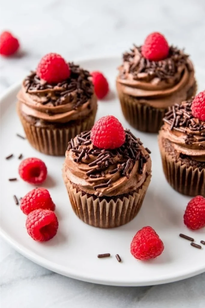A white plate featuring several chocolate cupcakes frosted with Nutella buttercream and garnished with fresh raspberries.