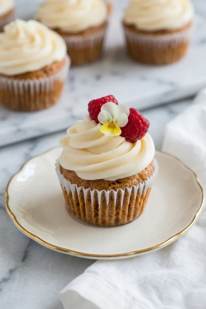 A moist carrot cake cupcake topped with a high swirl of cream cheese frosting, fresh raspberries, and an edible flower.
