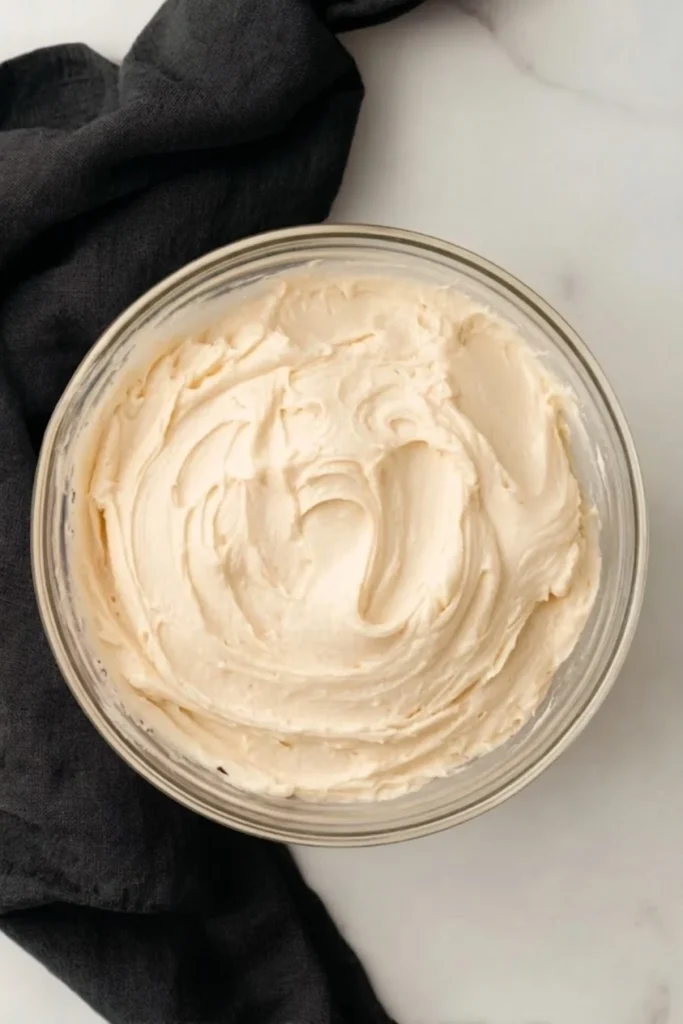 A top-down view of creamy, light brown salted caramel frosting with decorative swirls in a clear glass bowl on a marble surface.