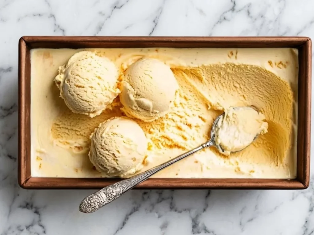 Three perfect scoops of No-Churn Pumpkin Ice Cream sitting in a loaf pan with a vintage silver spoon.