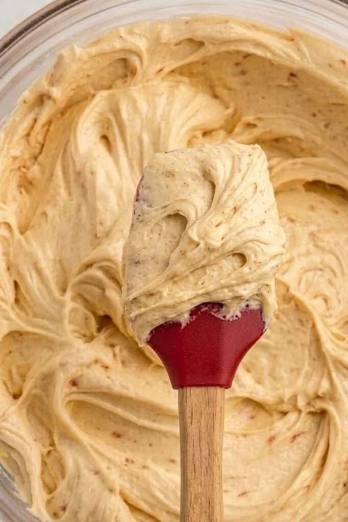 A red silicone spatula holds a generous scoop of thick, silky Brown Butter Cream Cheese Frosting, lifted above a bowl of the same rich frosting.