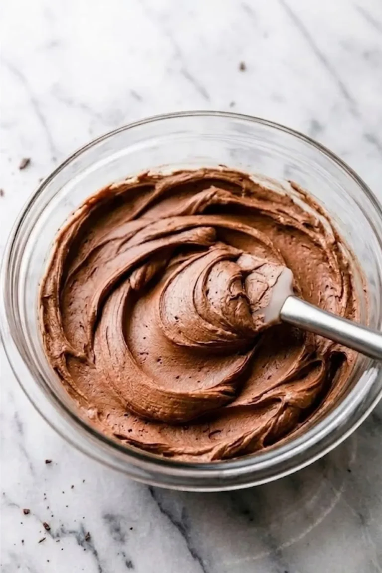 A clear glass mixing bowl filled with silky, decadent Nutella frosting being smoothed with a spatula.