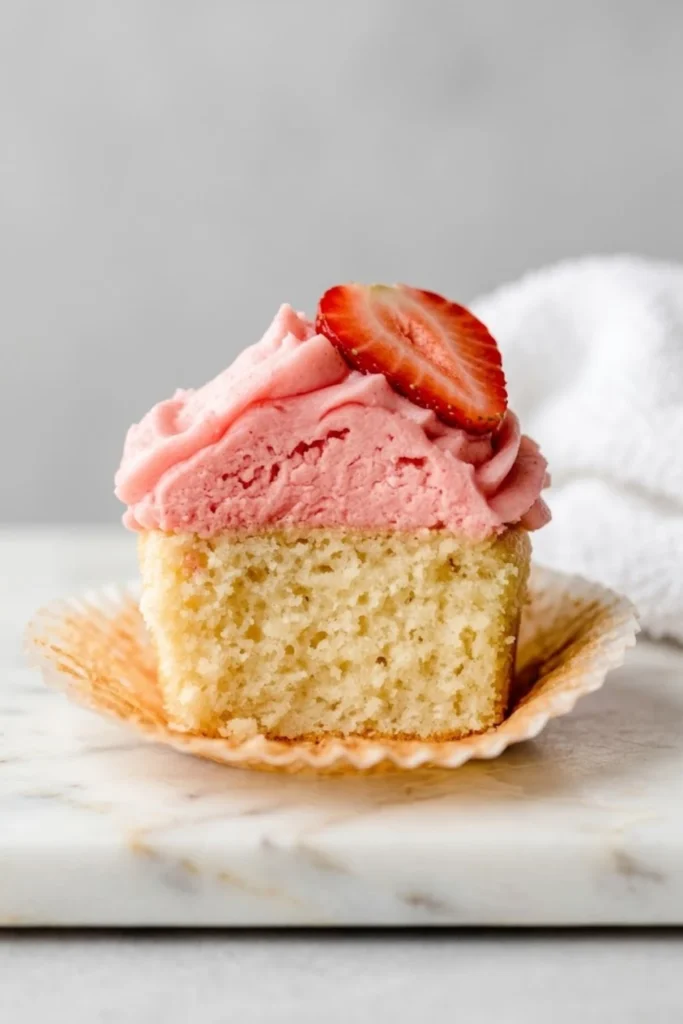 A close-up cross-section of a vanilla cupcake topped with a thick swirl of pink strawberry buttercream frosting and a fresh strawberry slice.