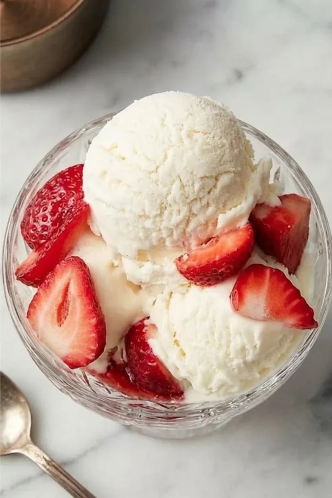 Vanilla ice cream bowl topped with fresh sliced strawberries and berry sauce.