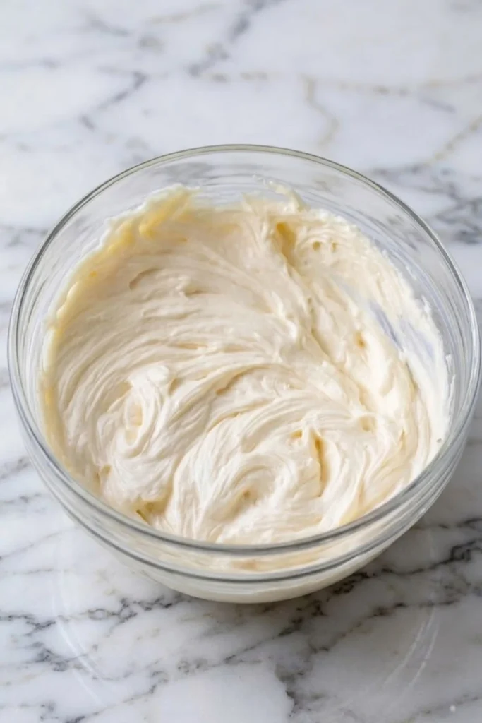A clear glass bowl filled with silky, thick cream cheese frosting ready for piping.