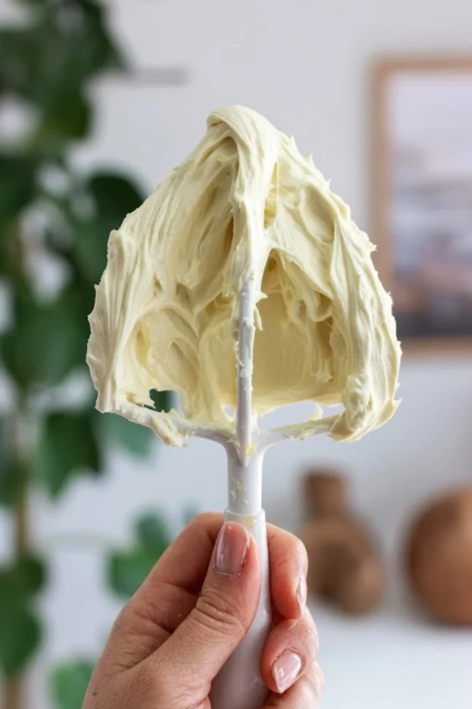 A hand holding a mixer beater covered in thick, fluffy Lemon Buttercream Frosting.
