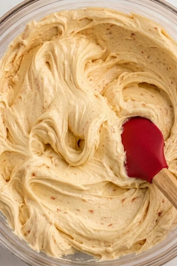 A red spatula rests in a clear glass mixing bowl filled with freshly whipped, smooth, light-brown Brown Butter Cream Cheese Frosting.