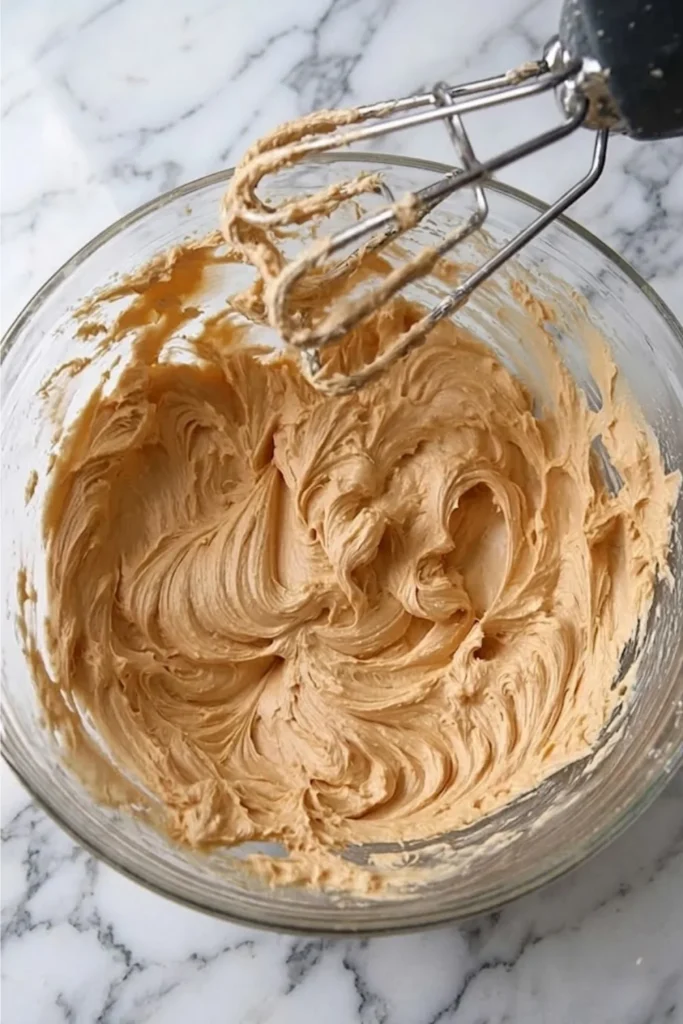 Top-down view of a glass mixing bowl containing fluffy, textured peanut butter frosting. A black and chrome electric handheld mixer has one beater submerged in the frosting, creating deep swirls. The bowl sits on a white marble surface.
