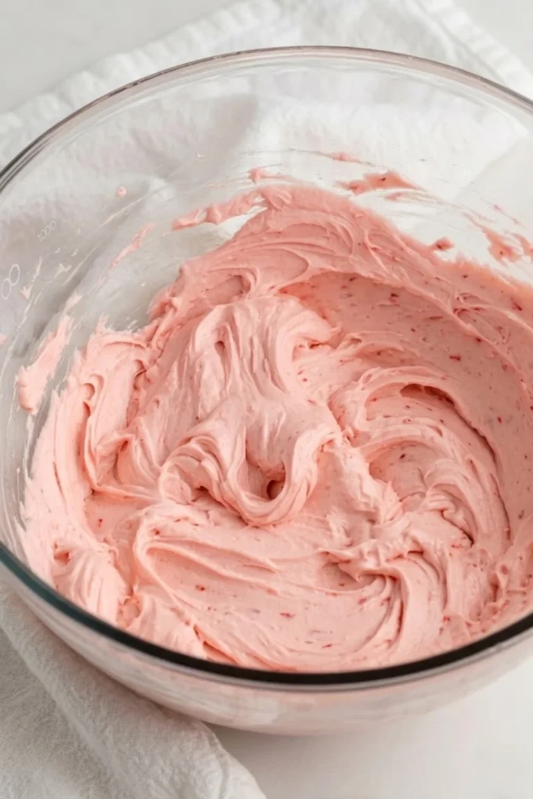 A glass mixing bowl filled with fluffy, light pink strawberry buttercream frosting ready for piping.