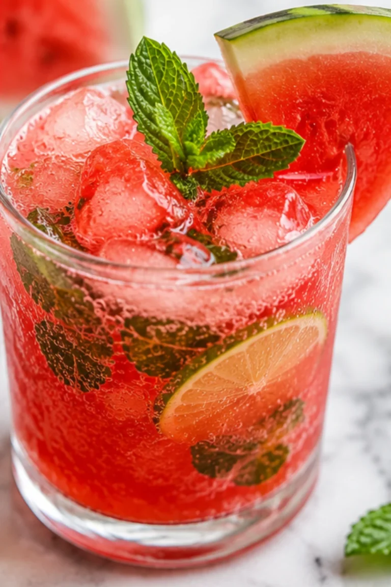 Refreshing watermelon mocktail with mint leaves, lime slices, sparkling fizz, and ice served in a clear glass
