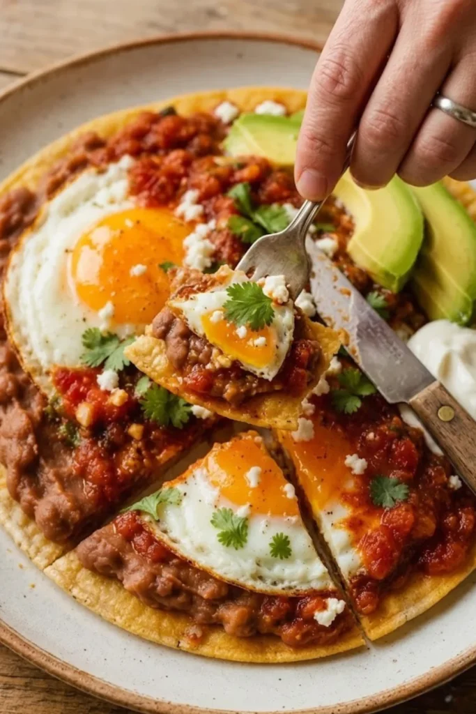 Close-up of Huevos Rancheros with crispy tortilla, fried eggs, refried beans, avocado, and ranchero sauce being lifted with a fork