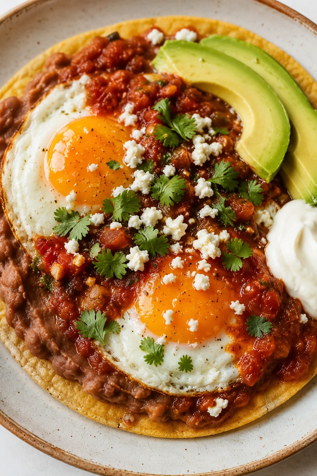 Huevos Rancheros with sunny side eggs, ranchero sauce, avocado, queso fresco, and refried beans on crispy corn tortillas