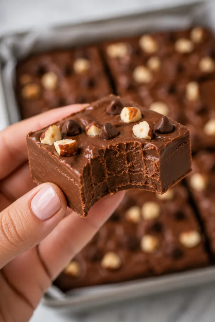 Hand holding a bitten piece of creamy Nutella fudge with chocolate chips and hazelnuts, close-up view.