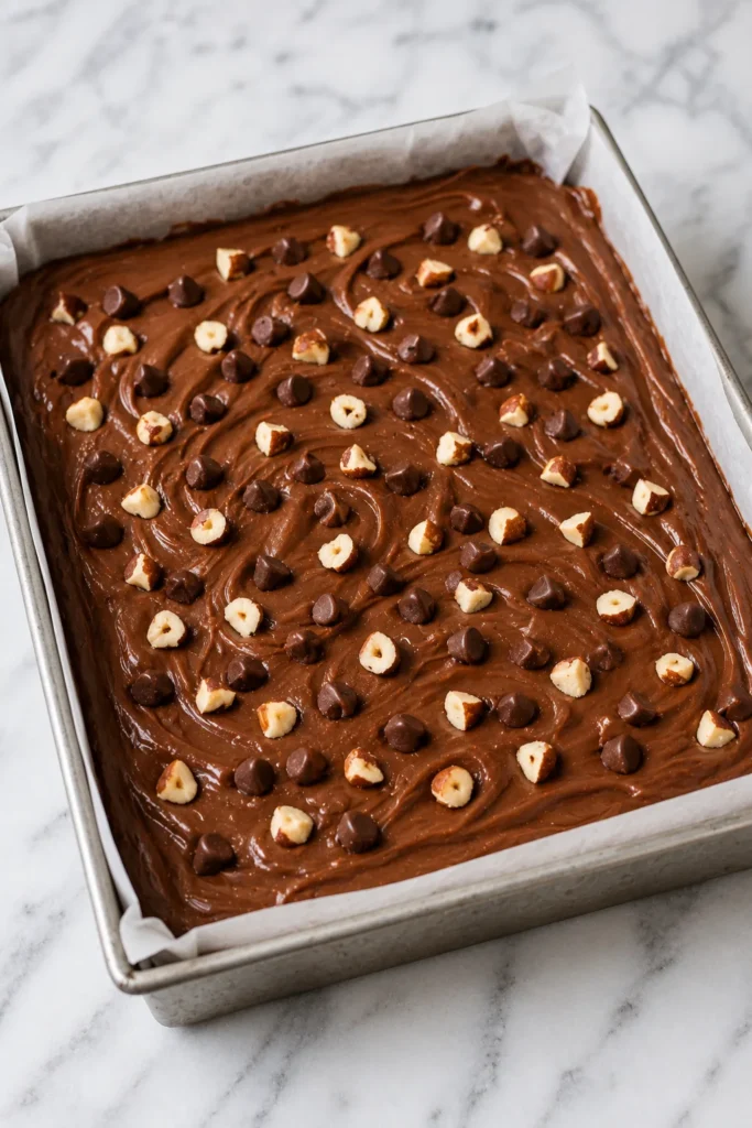 Homemade Nutella fudge in a baking tray before cutting, topped with chocolate chips and hazelnuts.