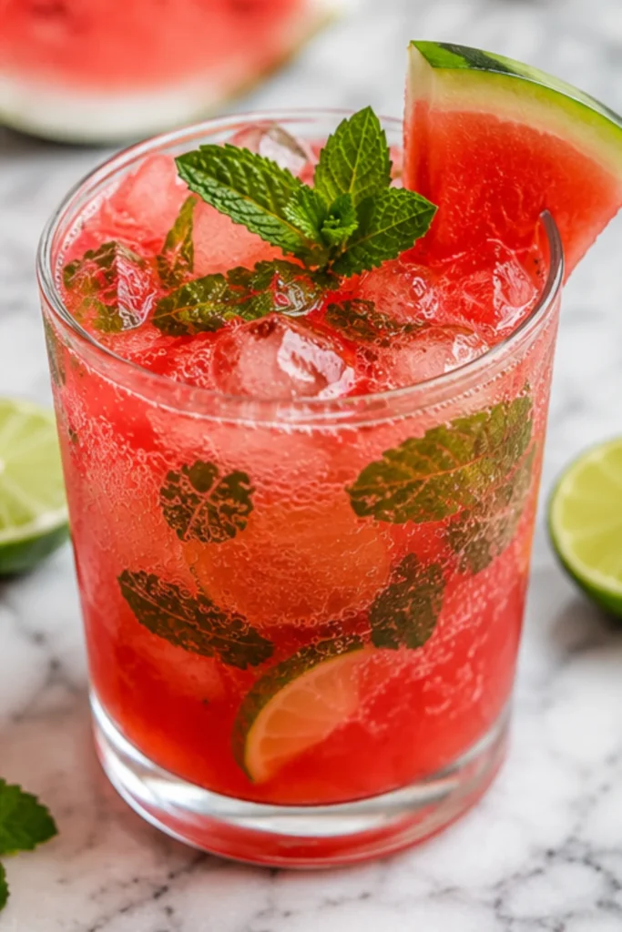 Sparkling watermelon non-alcoholic mojito with fresh mint, lime, watermelon slice, and ice in a glass