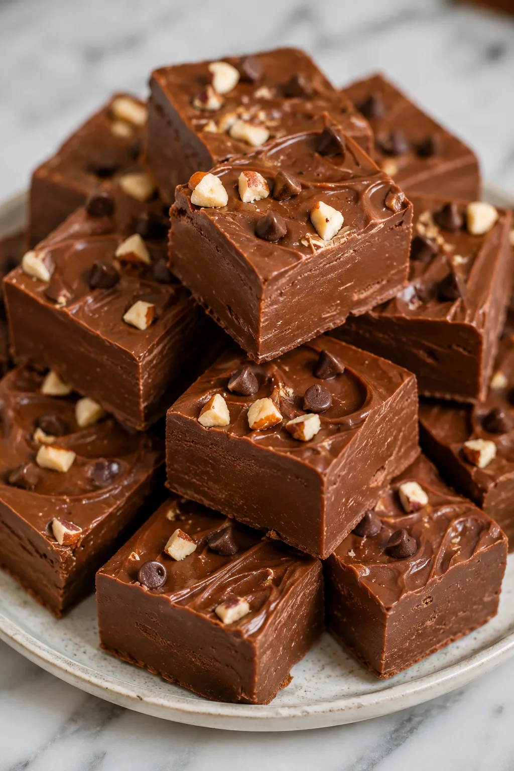 Stack of rich Nutella fudge squares topped with chocolate chips and chopped hazelnuts on a plate.