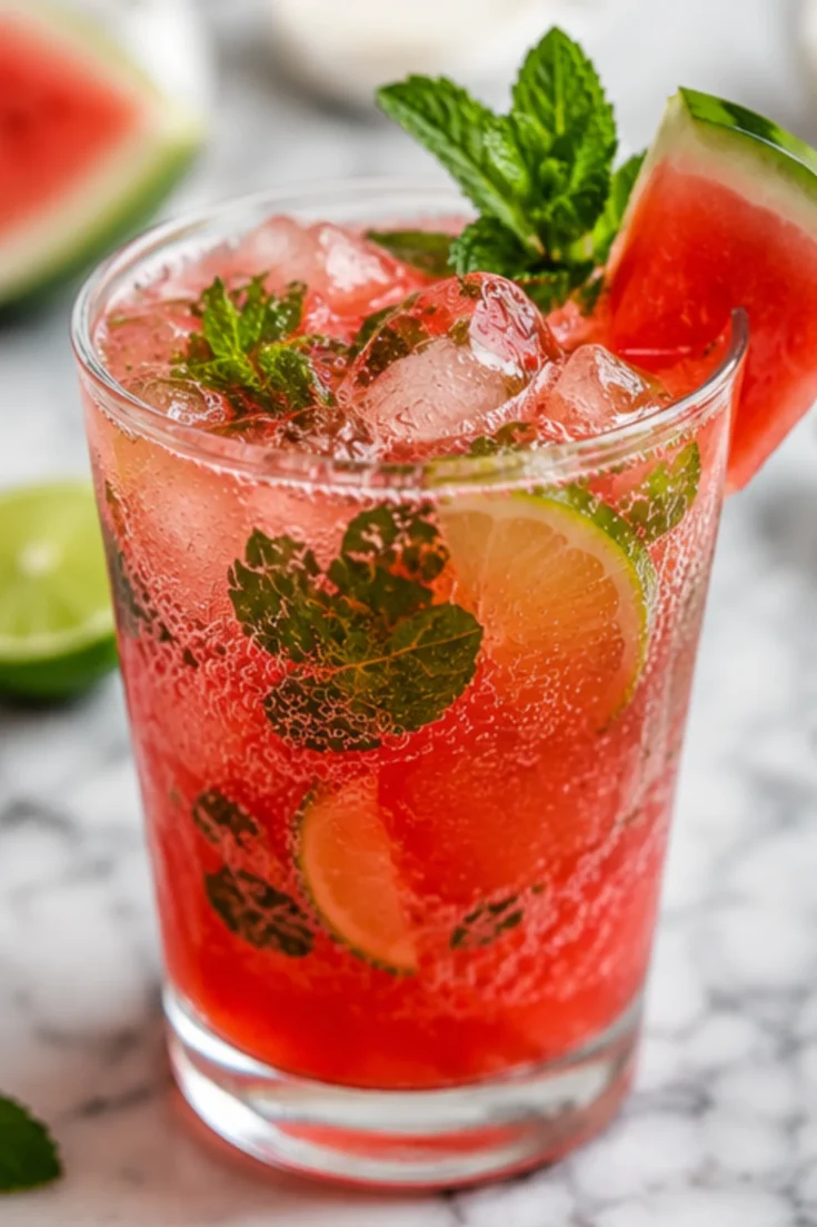 Close-up watermelon non-alcoholic mojito with mint leaves, lime slices, sparkling bubbles, and ice on a marble surface
