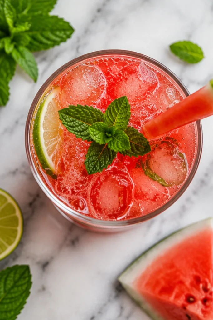 Top view of watermelon non-alcoholic mojito with mint, lime, ice cubes, and watermelon garnish on marble background