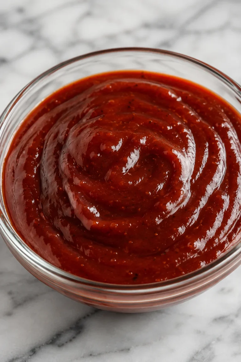 Close-up of homemade barbecue sauce in a glass bowl on a white marble surface
